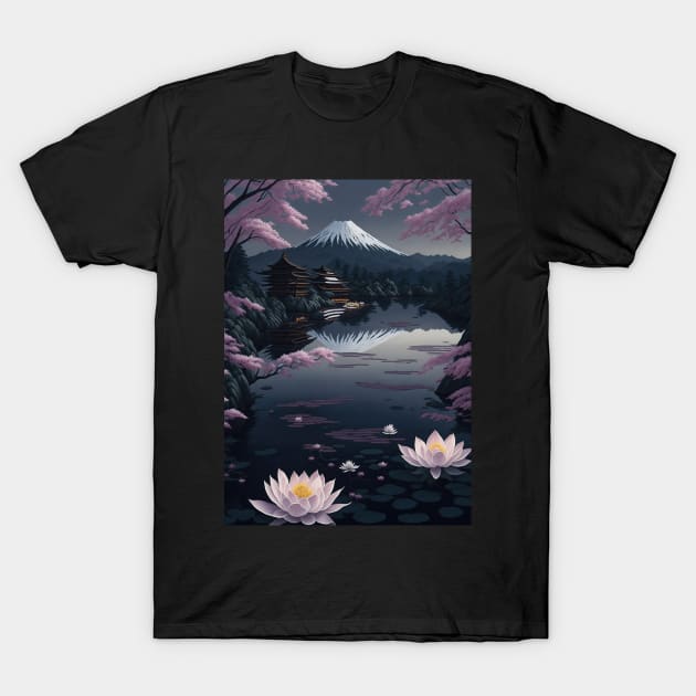 Serene Mount Fuji Sunset - Peaceful River Scenery - Lotus Flowers T-Shirt by star trek fanart and more